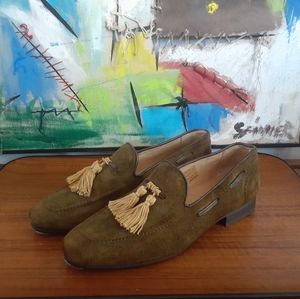 H London green suede tasseled loafers